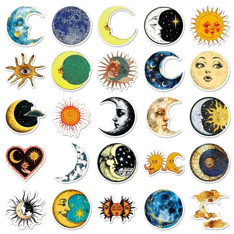 Vintage Fantasie Sonne Mond und Sterne Wasserdichte Aufkleber Ästhetische Retro Himmlische Abziehbilder Für Laptop Handy Journal