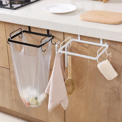 Japanese Style Iron Trash Bag Holder Hanging Kitchen Garbage Rack Punch-Free Cabinet Door Storage Organizer