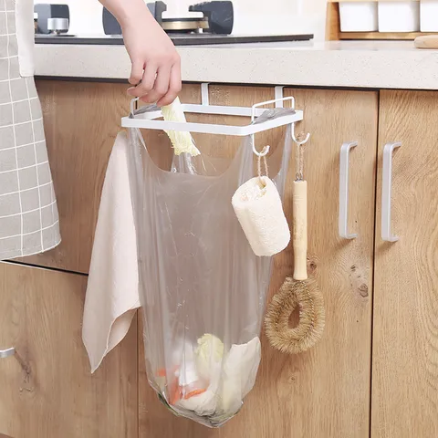 Japanese Style Iron Trash Bag Holder Hanging Kitchen Garbage Rack Punch-Free Cabinet Door Storage Organizer