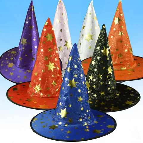 Halloween Witch Wizard Pointy Hat With Gold Star Pattern For Masquerade Party Stage Performance Costume Accessory Multi-Color