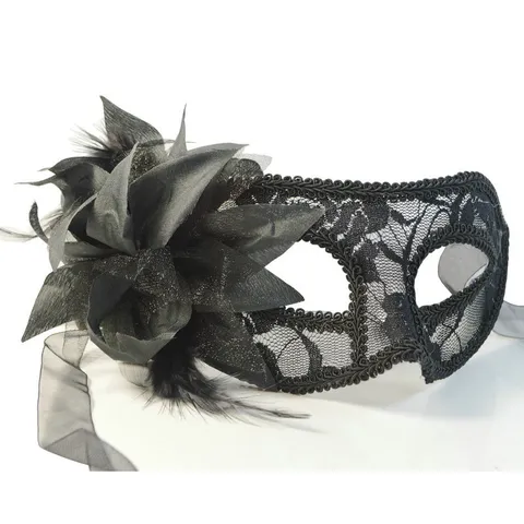 Women Masquerade Mask Vintage Lace Lily Flower Eye Mask With Feather Decor Halloween Party Costume Accessory