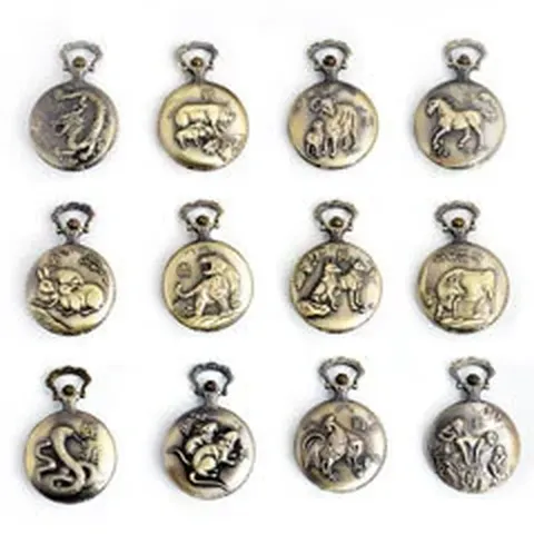 Vintage Bronze Quartz Pocket Watch Retro Twelve Chinese Zodiac Relief Pendant Necklace Watch Jewelry