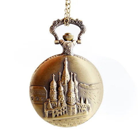 Vintage Brons Kwarts Zakhorloge Retro Kasteel Relief Zakhorloge Met Ketting Casual Unisex Zakhorloge Sieraden