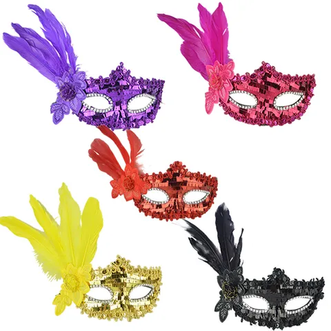 Masquerade Mask With Feathers And Sequins Embroidered Lace Mask For Halloween Carnival Birthday Party Women Party Props
