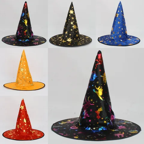 Halloween Witch Wizard Hat Gold Stamping Stars Pumpkin Patterns Costume Masquerade Party Props Bar Decoration Hat For Adults Kids