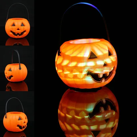 Halloween LED Leuchtender Kürbis Eimer Jack-O-Lantern Süßigkeitenglas Tragbare Kunststoff Kürbislaterne Für Bar Party Deko