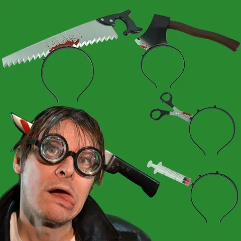 Halloween Horror Spoof Headband Through Head Scissors Saw Axe Syringe Needle Prop Scary Party Cosplay Costume Accessories Plastic Toy