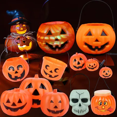 Halloween Pumpkin Lantern LED Light Skull Jar Candy Bucket Portable Decoration Props For Bar Party Children Gift