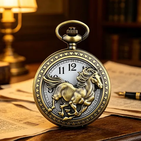 Vintage Bronze Hollow Out Running Horse Relief Quartz Pocket Watch Retro Alloy Pendant Hanging Watch For Men Women