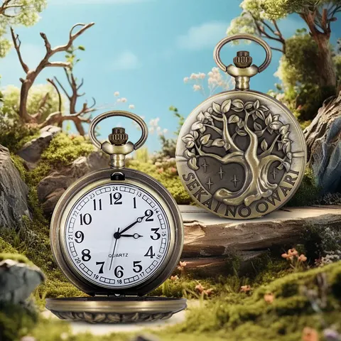 Vintage Brons Zwart Zakhorloge Levensboom Reliëf Kwarts Zakhorloge Met Ketting Retro Hanger Horloge Sieraden