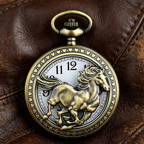 Vintage Bronze Hollow Out Running Horse Relief Quartz Pocket Watch Retro Alloy Pendant Hanging Watch For Men Women