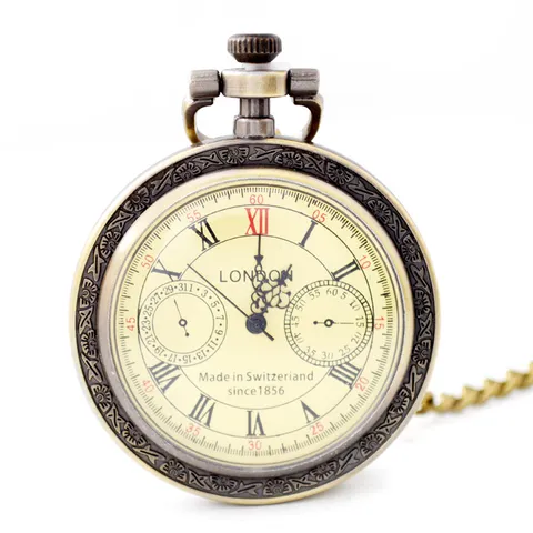 Vintage Brons Kwarts Zakhorloge Retro Romeinse Cijfers Wijzerplaat Weergave Met Ketting Klassieke Mode Unisex