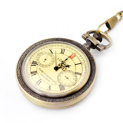 Vintage Brons Kwarts Zakhorloge Retro Romeinse Cijfers Wijzerplaat Weergave Met Ketting Klassieke Mode Unisex
