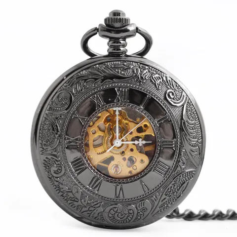 Orologio da Tasca Meccanico Vintage Design Cavo Numeri Romani Doppio Coperchio Con Catena Retro Nero Uomini Donne Orologio