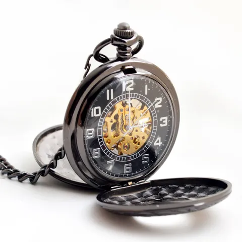 Orologio da Tasca Meccanico Vintage Design Cavo Numeri Romani Doppio Coperchio Con Catena Retro Nero Uomini Donne Orologio