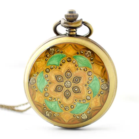 Vintage Brons Zakhorloge Vrouwen Trui Keten Quartz Zakhorloges Retro Gescneerd Strass Bloemen Hanger Klok
