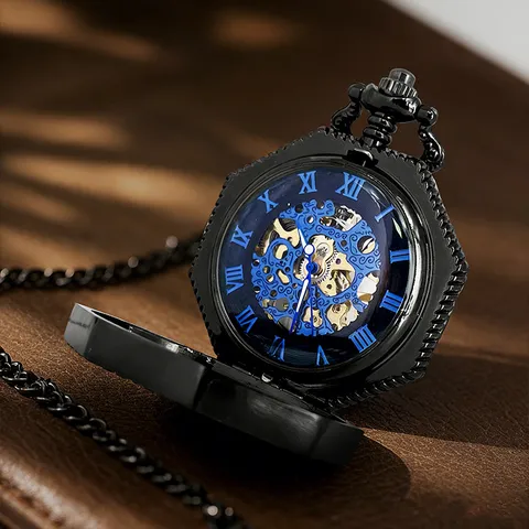 Vintage Hol Gescneend Achthoekig Mechanisch Zakhorloge Retro Romeinse Cijfers Skelet Opwindhorloge Met Ketting