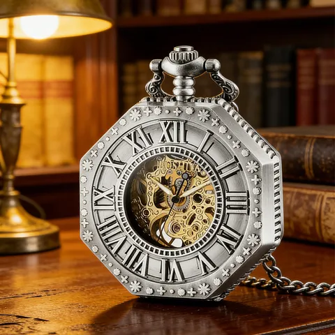 Vintage Hol Gescneend Achthoekig Mechanisch Zakhorloge Retro Romeinse Cijfers Skelet Opwindhorloge Met Ketting