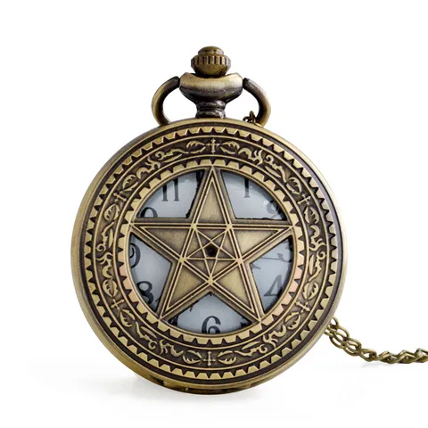 Vintage Opengewerkt Pentagram Kwarts Zakhorloge Antiek Brons Unisex Casual Zakhorloge Met Ketting