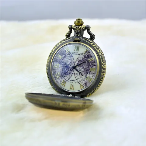 Vintage Brons Kwarts Zakhorloge Retro Hol Gegraveerd Klapdeksel Bruin Glazen Wijzerplaat Met Ketting Unisex Mode-Accessoire