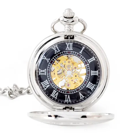 Vintage Opengewerkt Mechanisch Zakhorloge Retro Zilveren Legering Zakhorloge Met Ketting Voor Heren Dames