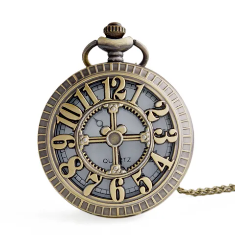 Reloj de Bolsillo de Cuarzo Hueco Retro Collar Pequeño Diseño de Rueda de Números Arábigos Caja de Aleación Reloj Colgante Para Hombres Mujeres Joyería Regalo