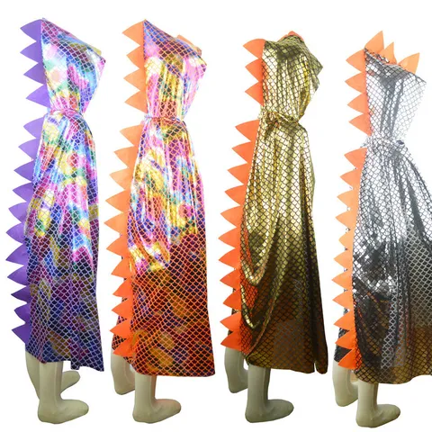 Kids Dinosaur Sequin Cape Halloween Costume Shiny Scale Hooded Cloak For Boys Girls Party Dress Up Role Play Performance