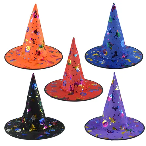 Halloween Witch Hat Gold Stamping Wizard Hat For Women Kids Pumpkin Bat Pattern Pointed Top Party Cosplay Costume Hat