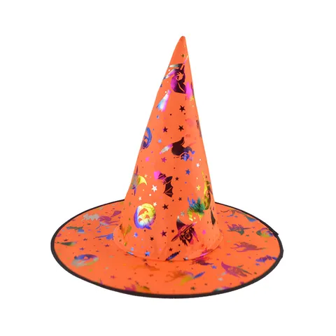 Halloween Witch Hat Gold Stamping Wizard Hat For Women Kids Pumpkin Bat Pattern Pointed Top Party Cosplay Costume Hat