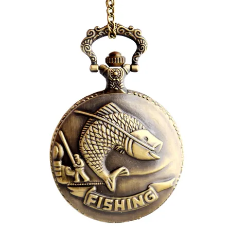 Vintage Brons Zakhorloge Kwarts Vissen Reliëf Patroon Gegraveerd Zakhorloge Met Ketting Voor Dames Heren