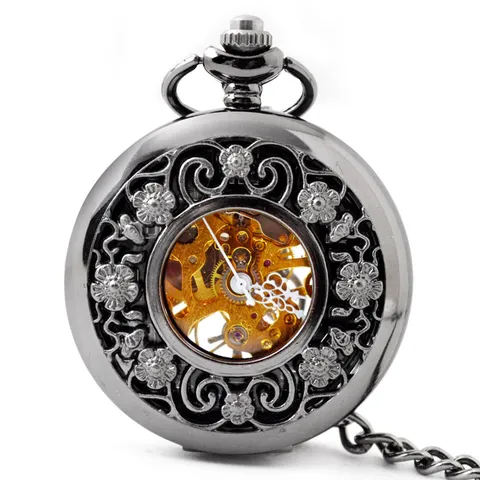 Vintage Hol Gesneden Mechanisch Zakhorloge Met Ketting Retro Legering Casual Horloge Voor Mannen En Vrouwen