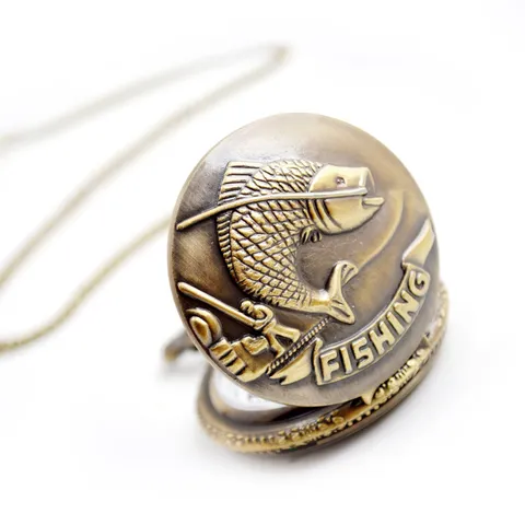 Vintage Brons Zakhorloge Kwarts Vissen Reliëf Patroon Gegraveerd Zakhorloge Met Ketting Voor Dames Heren
