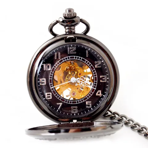 Vintage Hol Gesneden Mechanisch Zakhorloge Met Ketting Retro Legering Casual Horloge Voor Mannen En Vrouwen