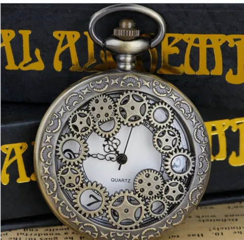 Vintage Hollow Gear Quartz Pocket Watch With Chain Retro Steampunk Bronze Black Unisex Pocket Watch Timepiece Gift