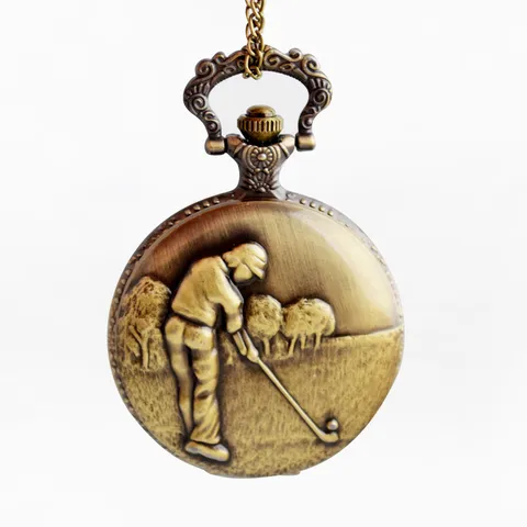 Retro Vintage Brons Kwarts Zakhorloge Golf Sport Reliëf Zakhorloge Met Ketting Casual Horloge Voor Mannen En Vrouwen