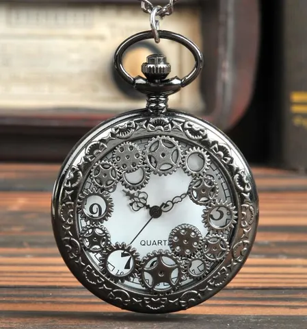 Vintage Hollow Gear Quartz Pocket Watch With Chain Retro Steampunk Bronze Black Unisex Pocket Watch Timepiece Gift