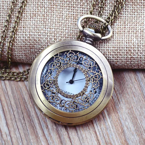 Vintage Hol Gesneden Kwarts Zakhorloge Brons Zilver Zwart Heren Dames Casual Trui Ketting Horloge Sieraden