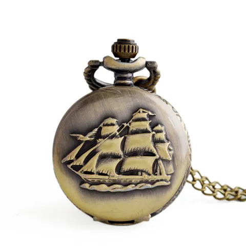 Vintage Antiek Brons Zeilboot Gekarteld Kwarts Zakhorloge met Ketting Unisex Retro Tijd