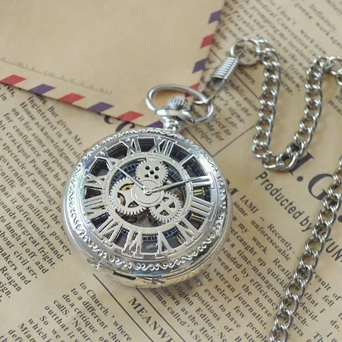 Vintage Mechanische Zakhorloge Retro Holle Romeinse Cijfers Tandwiel Ontwerp Legering Behuizing Zakhorloge Voor Man Vrouw