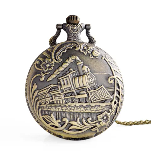 Vintage Brons Stoomlocomotief Reliëf Zakhorloge Kwarts Zakhorloge Met Ketting Voor Mannen Casual Retro Uurwerk