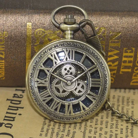 Reloj de Bolsillo Mecánico Vintage Retro Números Romanos Huecos Diseño de Engranajes Carcasa de Aleación para Hombres Mujeres