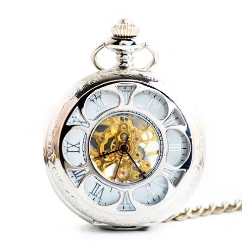Vintage Retro Opengewerkt Mechanisch Zakhorloge Romeinse Cijfers Antiek Brons Zilver Zwart Zakhorloge Met Ketting