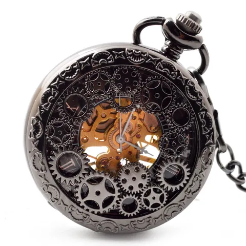 Vintage Calado Engranaje Reloj de Bolsillo Mecánico Unisex Esfera Números Romanos Con Cadena Retro Reloj de Bolsillo Regalo de Joyería