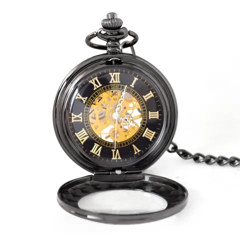 Vintage Hollow Mechanical Pocket Watch Bronze Silver Gold Black Alloy Retro Skeleton Pocket Watch With Chain
