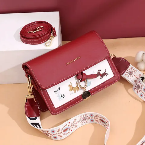 Dames Mode Crossbody Tas Mini PU Lederen Schoudertas Schattige Honden Borduurwerk Contrastkleur Handtas
