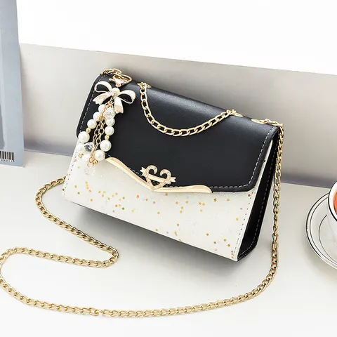 Dames Mode PU Leer Kleine Schoudertas Kleurencombinatie Ster Pailletten Ketting Met Parel Strik Hanger