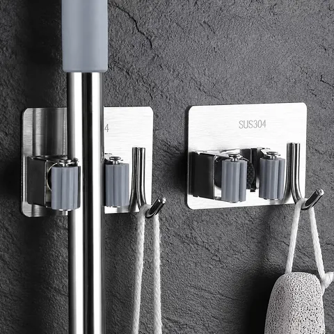 Stainless Steel Mop Holder Wall Mounted Broom Hanger Punch Free Storage Organizer Rack For Bathroom Balcony Home