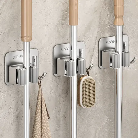 Stainless Steel Mop Holder Wall Mounted Broom Hanger Punch Free Storage Organizer Rack For Bathroom Balcony Home