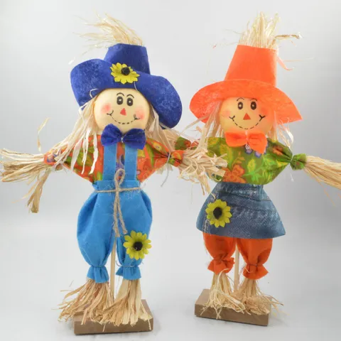 Thanksgiving Scarecrow Ornament Straw Fabric Couple Doll Table Desktop Decoration Harvest Festival Autumn Party Decor With Wooden Base