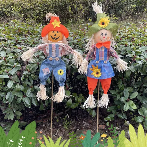 Halloween Decoration Pastoral Scarecrow Doll Ornaments With Wooden Pole Cute Pumpkin Smile Face Burlap Figure Layout Props For Home Bar Garden Party Decor